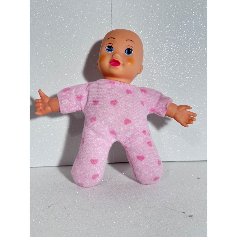 Small 6 inch Soft Body Baby Doll Pink Heart Print Plush Vinyl Head Blue Eyes